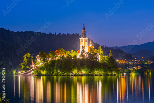 Night view of the Assumption of Maria church at lake Bled in Slovenia