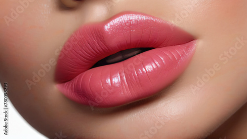 A close-up image of full, glossy pink lips, slightly parted, against a blurred background.