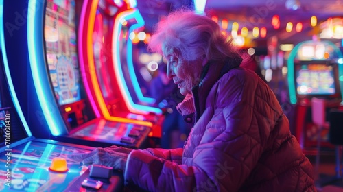 Senior woman playing arcade games in a vibrant game center. Dynamic game center environment with a senior citizen experiencing arcade entertainment.