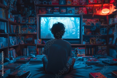 Young person deeply immersed in a captivating video game, creating a serene personal space with a vivid collection backdrop.