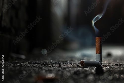 A single cigarette lying discarded on the ground, highlighting the consequences of smoking