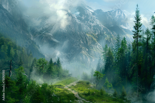 Foggy misty mountain landscape with fir forest and copy space. Natural background