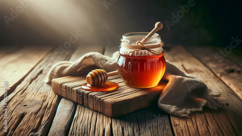 glass jar of rich, amber honey placed centrally on a weathered wooden table