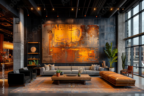 A modern reception space characterized by its fusion of industrial-inspired accents and abstract art elements, creating a dynamic visual experience-4