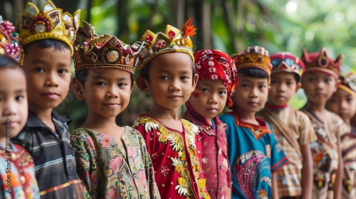 children of indonesia, A group of children in traditional Indonesian costumes and headgear stand in a row outdoors, smiling at the camera. 