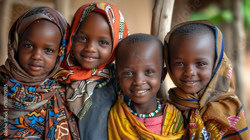 children of niger, Four smiling African children dressed in colorful traditional clothing posing for a heartwarming portrait. 