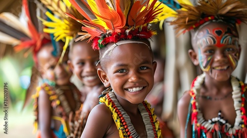 children of papua new guinea, A group of joyful children dressed in traditional tribal attire with colorful feather headwear and face paint smiling in a cultural setting. 
