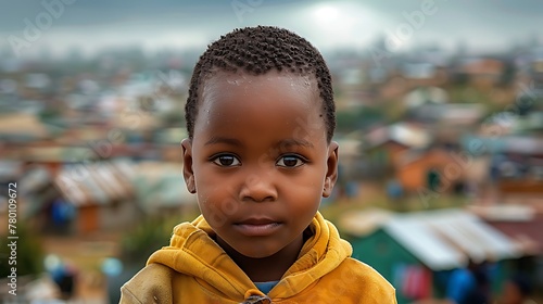 Children of South Africa. Portrait of a young child with a contemplative expression against a blurred background of a township under a cloudy sky. 