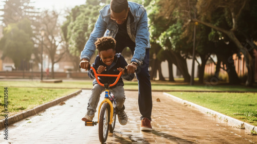 A father is guiding his young son as he learns to ride a bike for the first time. The father holds onto the bikes handlebars, assisting the boy in finding his balance