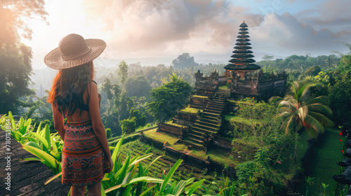 A woman wearing a hat stands on a lookout point, gazing out over a dense jungle landscape