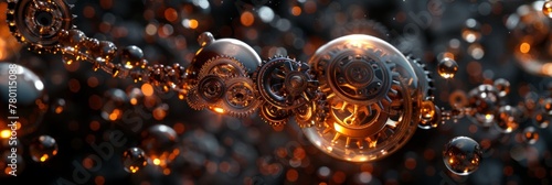3D rendering of an abstract metal and glass machine with glowing orange light spheres, surrounded by gears and cogs.