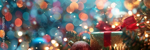 A blurred background of Christmas lights and gifts creates an abstract bokeh effect. The focus is on the colorful light spots with space for text , Banner Image For Website, Background
