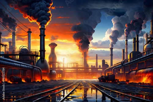 industrial scene of a large factory emitting thick smoke into the sky with the sunset