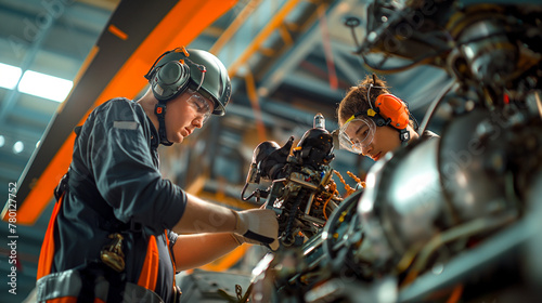 Two aircraft technicians in a hangar are meticulously inspecting and performing maintenance on the engine and airframe of a commercial jet, equipped with various tools.