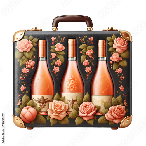 caisse avec trois bouteilles de vin rosé isolated on white background