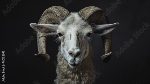 A front view of an adult mountain sheep with impressive horns, isolated on a black background. Confidence concept