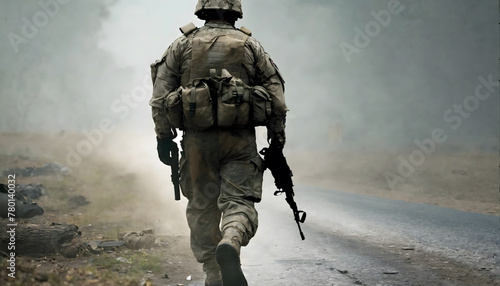 Soldier alone exhausted and injured walking