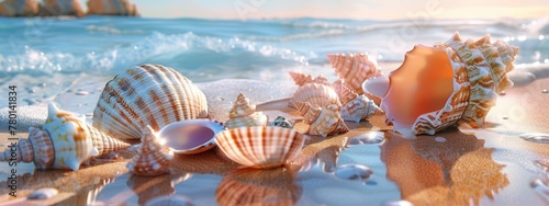 Shimmering Seashells on Golden Beach at Sunset 