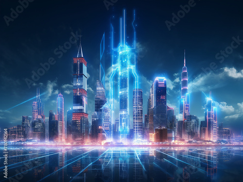 Cityscape bathed in blue light, a glimpse of the future