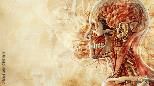 Anatomical illustration of the profile of a human head showcasing brain, facial muscles and skull anatomy, blended with graphic elements on an abstract textured background for a medical wallpaper