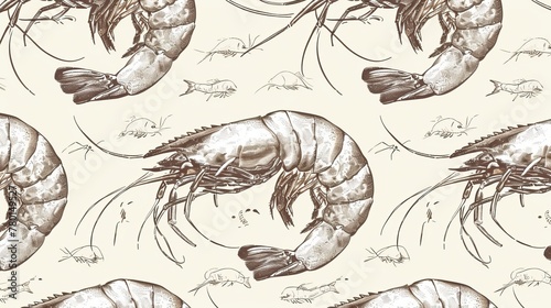 A hand-drawn seafood seamless pattern features a vintage sketch style shrimp background, rendered in vector illustration for a thematic touch