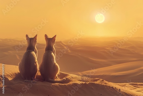 Majestic Pair of Foxes Basking in the Warm Glow of Desert Sunset Amidst Golden Sand Dunes