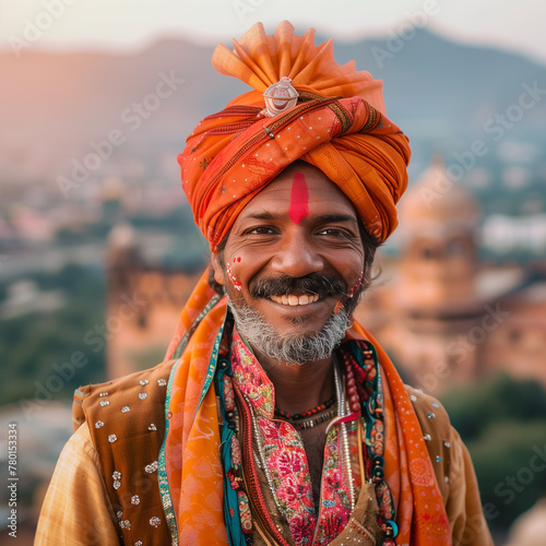 A man wearing a turban in India, smiles with a castle in the background