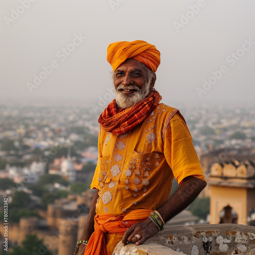 A man wearing a turban in India, smiles with a castle in the background