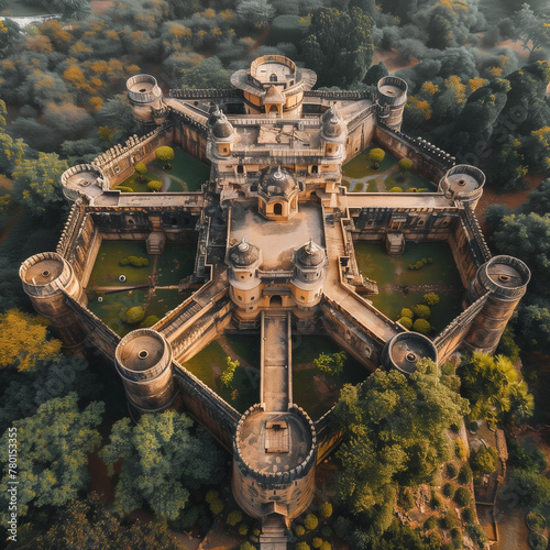 An aerial view of a beautiful grand castle in Rajasthan, India