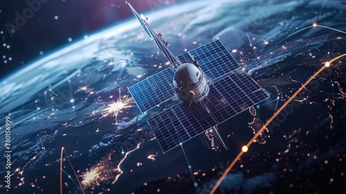 Telecommunications satellites orbiting the earth with holographic datum, future technology for online connectivity.