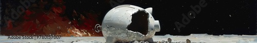 Wide panoramic view of a white piggy bank with visible crack, floating in space against a starry sky, signifying financial uncertainty and the vast unknown of economic futures