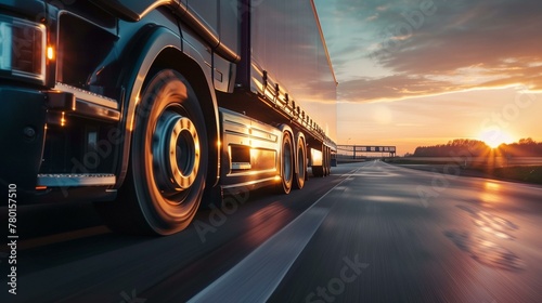 Modern Semi Truck Speeding on Highway at Sunset, Dynamic Transport Industry Theme