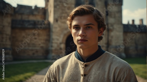 a young servant guy portrait on medieval era castle background from Generative AI