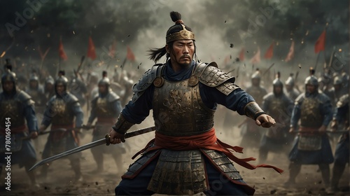 a chinese dynasty warrior portrait on middle of a battle ground fight from Generative AI