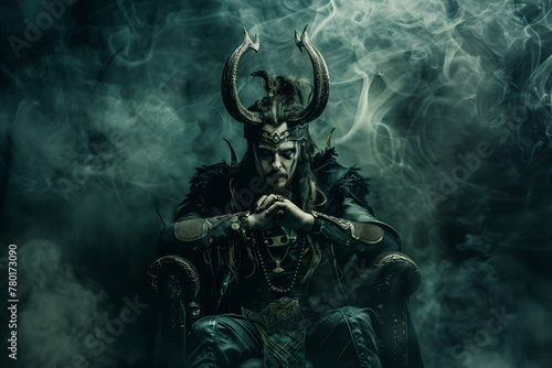 Loki, Norse god of mischief, lying warrior sitting on a throne, helmet with horns and smoke of Nordic mythology