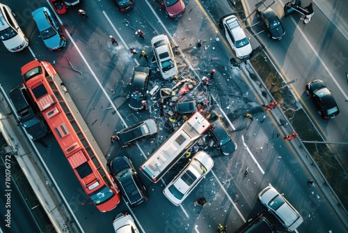 Aerial View of Major Urban Traffic Collision Involving Multiple Vehicles and a Bus