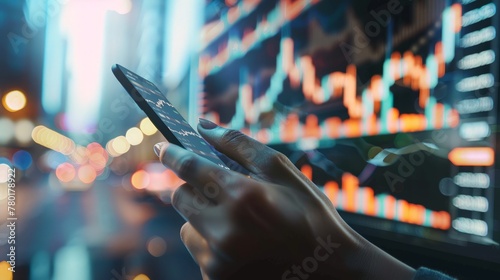 Crypto trader investor broker holding finger using cell phone app executing financial stock trade market trading order to buy or sell