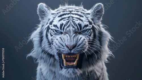 Fierce white tiger with blue eyes - A digitized, hyper-realistic white tiger baring fangs, with piercing blue eyes, conveying power and wild beauty