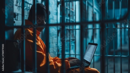 Prisoner using laptop in jail cell - A focused prisoner in an orange jumpsuit works on a laptop in a dimly-lit jail cell, isolated yet connected to the outer world