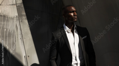 The stark contrast of a black mans crisp white shirt against the dark angular walls of a contemporary building creates a visually striking portrayal of architectural elegance. The .