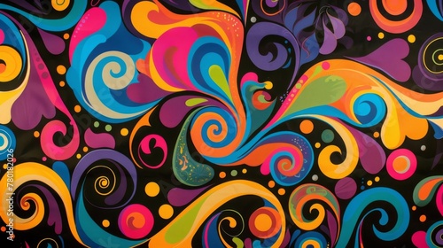 Bright psychedelic swirls and twirls on a black background give off a retro and trippy vibe.
