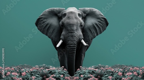 An imposing elephant stands front-facing amidst a vibrant bed of pink flowers against a calm teal background, symbolizing serenity and nature's beauty.