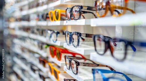 Rows of various eyeglass frames on white shelves, focused on stylish eyewear in an optical retail store.