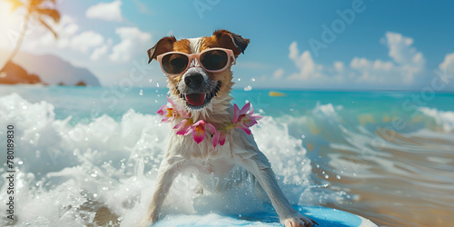 Jack Russell dog wearing glasses & surfing on a wave sunny day summer Funny dog in sunglasses rides a surfboard on the ocean waves