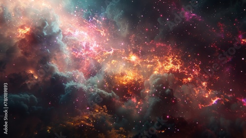 The calm stillness of space is interrupted by bursts of dazzling colors from exploding nebulae and cosmic dust clouds.