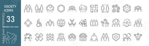 Vector set of icons on the theme of society. Communication and group work, family, communication and unity. Editable icons for website design and mobile applications.