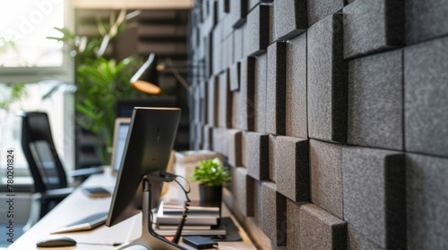 In a minimalist home office acoustic panels made from sustainable materials are used as clever wall décor. The panels with their minimalist design not only contribute to the overall .