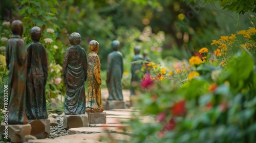 The diverse group of figures tered throughout the garden all turn their backs to the camera united in their pursuit of inner calm . .