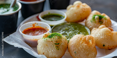plate of pani puri with white paper cups filled with green and red sauce, generative AI