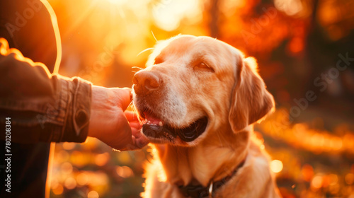 As the sun casts a warm golden glow, the tender moment between an owner and their golden Labrador unfolds. The owner's hand lovingly caresses the dog's face